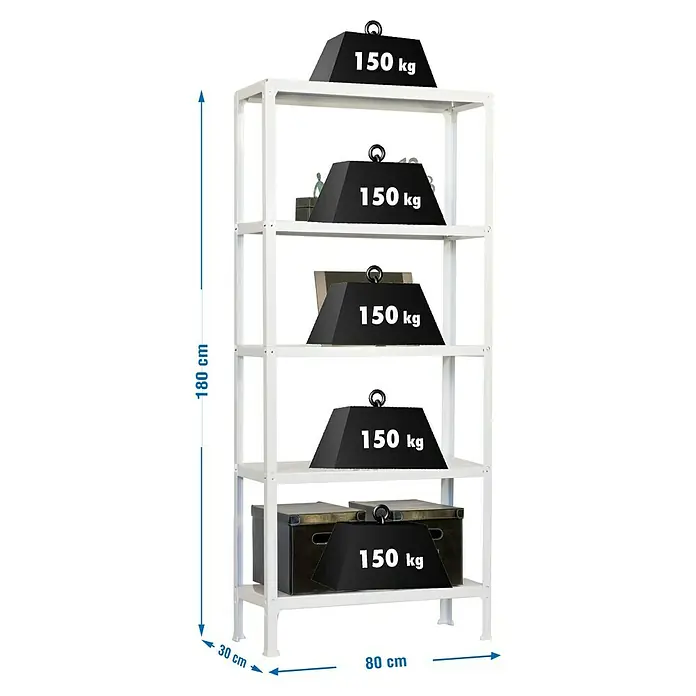Simonrack Simonhome Metallregal Click Metall Mini - H x B x T: 180 x 80 x 30 cm, Traglast pro Boden: 150 kg, Anzahl Böden: 5 Stk., Stecken, Weiß/Weiß - Ein weißes Regal mit fünf Ebenen, auf denen jeweils ein schwarzer Gewichtblock mit der Aufschrift "150 kg" platziert ist.