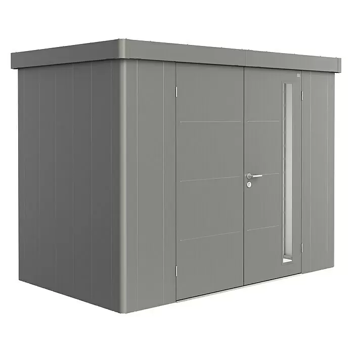 Biohort Neo Gerätehaus Neo 1C - Außenbreite inkl. Dachüberstand: 292 cm, Außentiefe inkl. Dachüberstand: 180 cm, Stahl, Quarzgrau-Metallic, Doppeltür - Moderne graue Gartenhütte mit Tür, Griff und schmalem vertikalem Fenster.
