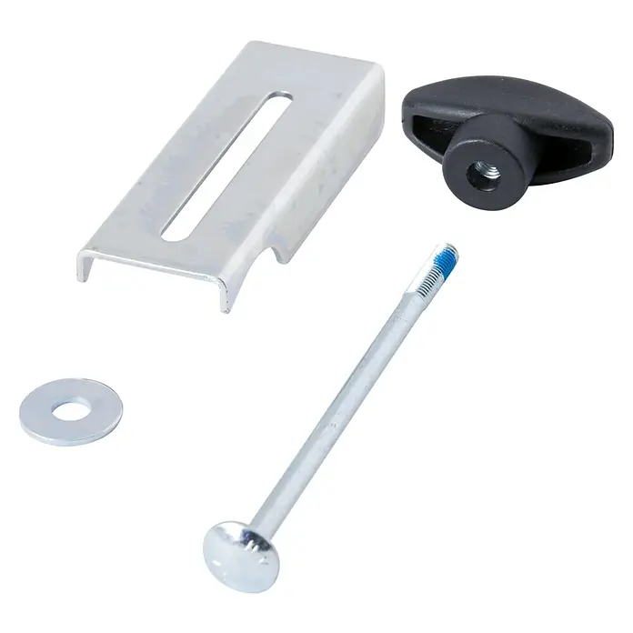 Krause Sicherungs-Set - Länge: 95 mm - Schraube, Unterlegscheibe, Metallhalterung und schwarzer Griff.