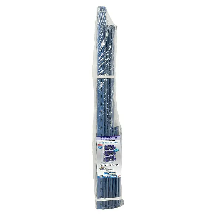 Simonrack Simonbottle Getränkekistenregal BottleclickH x B x T: 180 x 80 x 30 cm, Traglast Einlegeboden: 100 kg, Anzahl Böden: 3 Stk., Stecken, Grau - Verpacktes Regal-Set, bestehend aus blauen Metallelementen und einer Produktbeschreibung, ideal für Lager- und Aufbewahrungszwecke.
