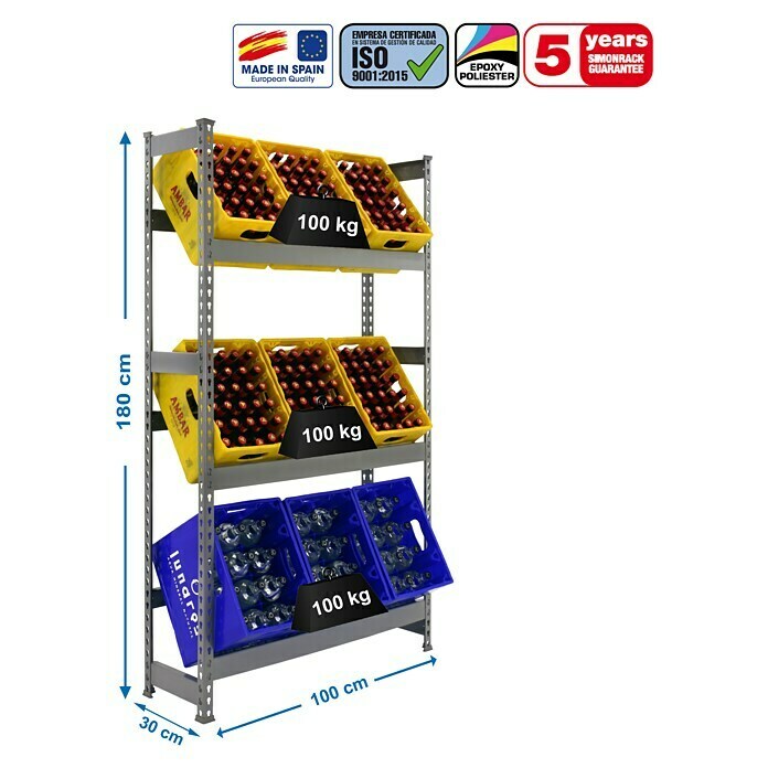 Simonrack Simonbottle Metall-Getränkekistenregal BottleclickL x B x H: 30 x 100 x 180 cm, Traglast: 100 kg/Boden, Anzahl Böden: 3 Stk., Grau Sketch