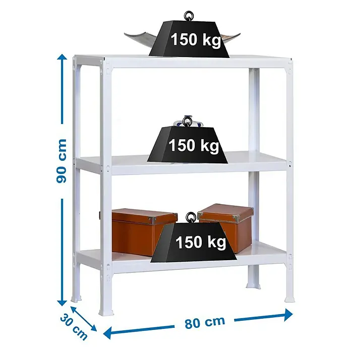 Simonrack Simonhome Metallregal Click Metall Mini - H x B x T: 90 x 80 x 30 cm, Traglast pro Boden: 150 kg, Anzahl Böden: 3 Stk., Stecken, Weiß/Weiß - Ein weißes Regal mit drei Ebenen und Maßangaben für Höhe (90 cm), Tiefe (30 cm) und Breite (80 cm).