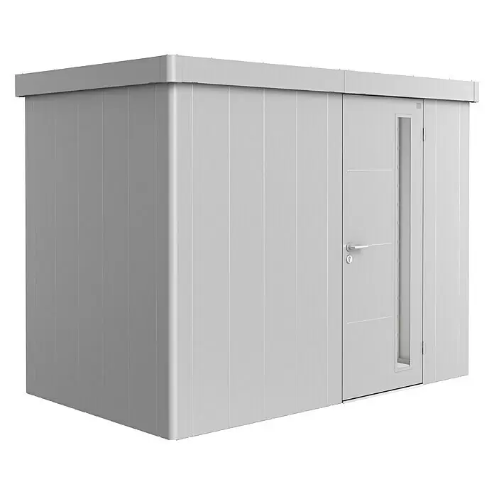 Biohort Neo Gerätehaus Neo 1C - Außenbreite inkl. Dachüberstand: 292 cm, Außentiefe inkl. Dachüberstand: 180 cm, Stahl, Silber-Metallic, Einzeltür - Moderner grauer Gartenschuppen mit Flachdach und eleganter Tür mit hohem Fenster.
