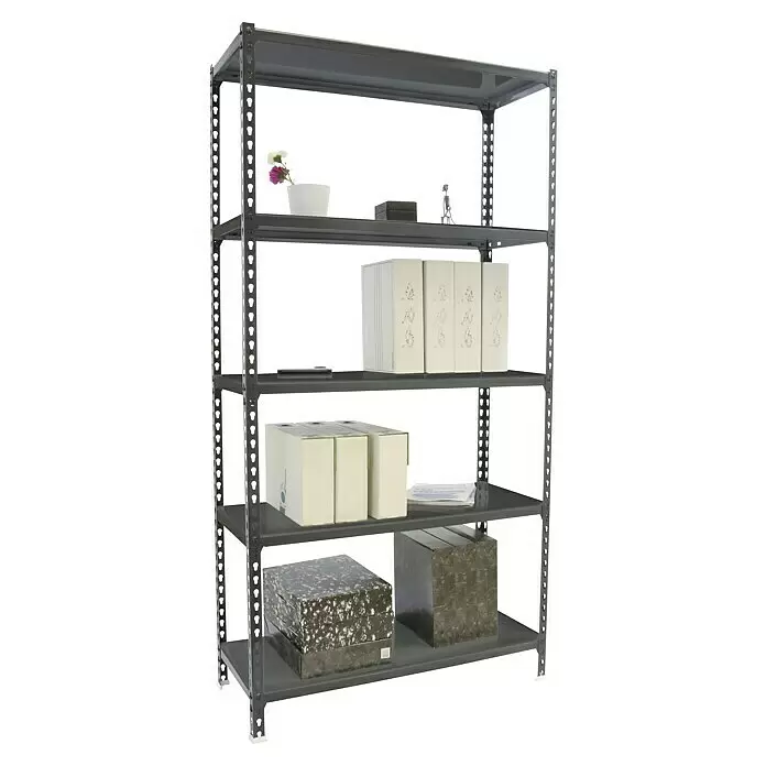 Simonrack Simonclick Metallregal Simonclick Super Plus - H x B x T: 200 x 110 x 40 cm, Traglast pro Boden: 200 kg, Anzahl Böden: 5 Stk., Stecken, Anthrazit/Anthrazit - Graues 5-stöckiges Metallregal mit verschiedenen Aufbewahrungsboxen, Akten und Dekorationsartikeln.