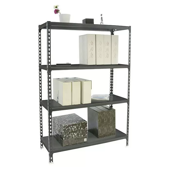 Simonrack Simonclick Metallregal Simonclick Super Plus - H x B x T: 150 x 110 x 50 cm, Traglast pro Boden: 200 kg, Anzahl Böden: 4 Stk., Stecken, Anthrazit/Anthrazit - Graues Metallregal mit vier Ablagen für verschiedene Lagerboxen und Dokumente.