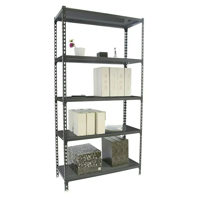 Simonrack Simonclick Metallregal Simonclick Plus - H x B x T: 180 x 90 x 30 cm, Traglast pro Boden: 180 kg, Anzahl Böden: 5 Stk., Stecken, Anthrazit/Anthrazit - Ein graues Regal mit fünf Ebenen, auf denen verschiedene Gegenstände wie Schachteln, Ordner und Dekorationen stehen. Das Regal ist stabil und bietet viel Stauraum.