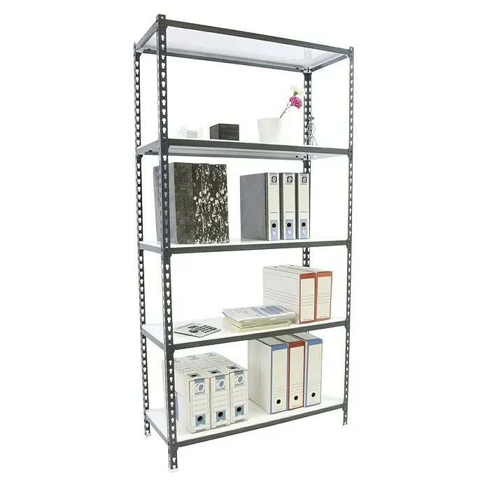 Simonrack Simonclick Metallregal Simonclick Super Plus - H x B x T: 200 x 110 x 30 cm, Traglast pro Boden: 200 kg, Anzahl Böden: 5 Stk., Stecken, Anthrazit/Weiß - Das Bild zeigt ein Regal mit fünf Fächern, die mit Büroartikeln wie Ordnern und Dokumenten gefüllt sind. Das Regal hat ein robustes Metallgestell.