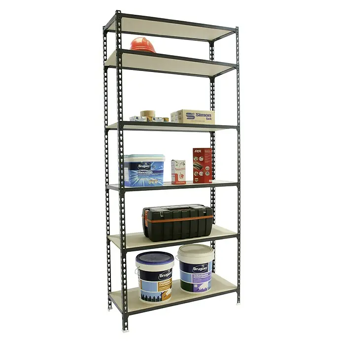 Simonrack Maderclick Metallregal Maderclick Mini - H x B x T: 250 x 80 x 30 cm, Traglast pro Boden: 150 kg, Anzahl Böden: 6 Stk., Stecken, Anthrazitgrau - Ein Regal mit sechs Fächern, gefüllt mit Baumaterialien und Werkzeugen, ideal für Lagerung und Organisation in Werkstatt oder Garage.