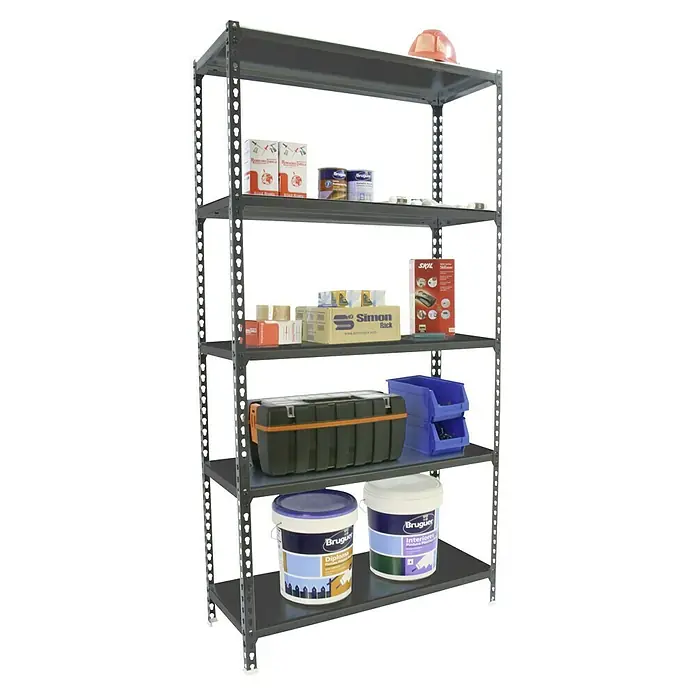 Simonrack Simonclick Metallregal Simonclick Super Plus - H x B x T: 200 x 110 x 40 cm, Traglast pro Boden: 200 kg, Anzahl Böden: 5 Stk., Stecken, Anthrazit/Anthrazit - Graues Metallregal mit fünf Ebenen, beladen mit verschiedenen Werkzeugen, Farben und anderen Werkstattutensilien, inklusive Schutzhelm.