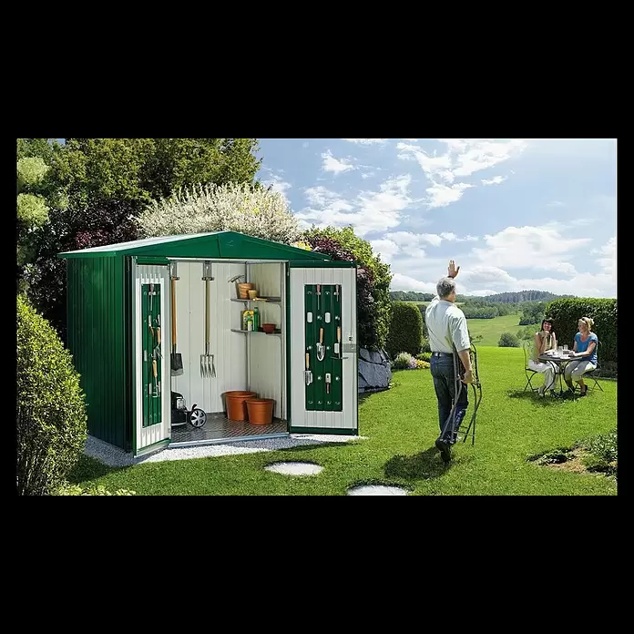 Biohort Europa Gerätehaus Europa - Außenbreite inkl. Dachüberstand: 244 cm, Außentiefe inkl. Dachüberstand: 84 cm, Stahl, Silber Metallic - Gartenhütte Europa von Biohort
