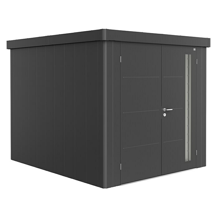 Biohort Neo Gerätehaus 3B (Außenbreite inkl. Dachüberstand: 236 cm, Außentiefe inkl. Dachüberstand: 292 cm, Stahl, Dunkelgrau-Metallic, Doppeltür) | BAUHAUS