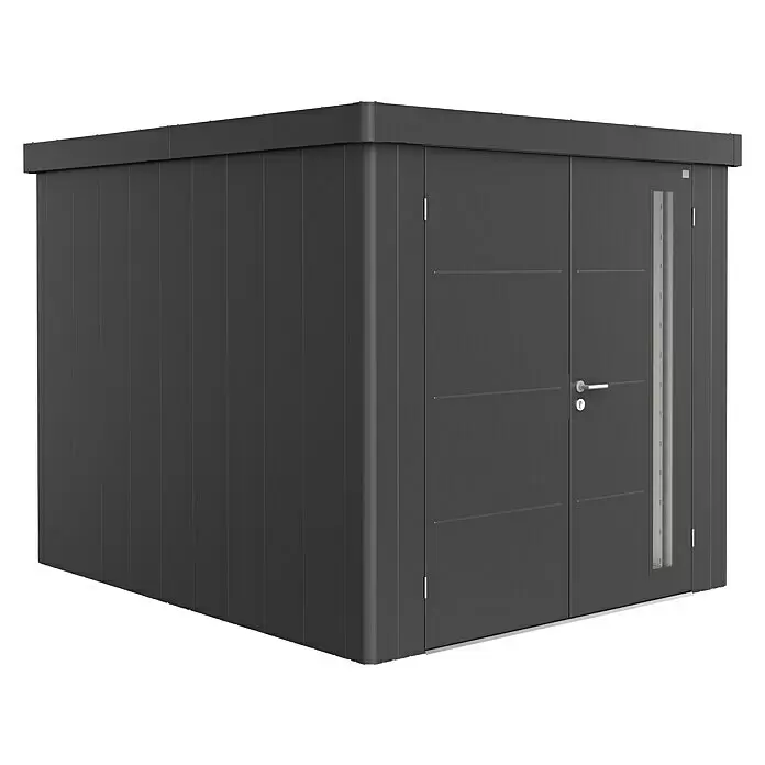 Biohort Neo Gerätehaus Neo 3B - Außenbreite inkl. Dachüberstand: 236 cm, Außentiefe inkl. Dachüberstand: 292 cm, Stahl, Dunkelgrau-Metallic, Doppeltür - Dunkelgraues modernes Gartenhaus mit Flachdach, Doppeltür und vertikalem Fenster.