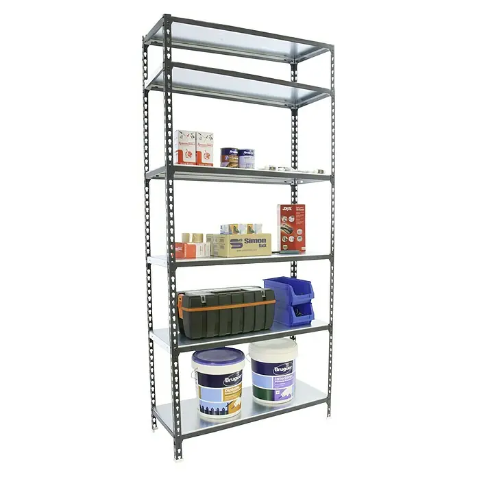 Simonrack Simonclick Metallregal Simonclick Plus - H x B x T: 250 x 90 x 30 cm, Traglast pro Boden: 180 kg, Anzahl Böden: 6 Stk., Stecken, Anthrazit/Weiß - Regal mit Baumaterialien.