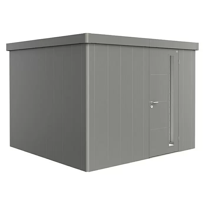 Biohort Neo Gerätehaus Neo 3C - Außenbreite inkl. Dachüberstand: 292 cm, Außentiefe inkl. Dachüberstand: 292 cm, Stahl, Quarzgrau-Metallic, Einzeltür - Moderner grauer Geräteschuppen mit Flachdach und zeitgemäßer Tür mit hohem, schmalem Fensterpaneel.