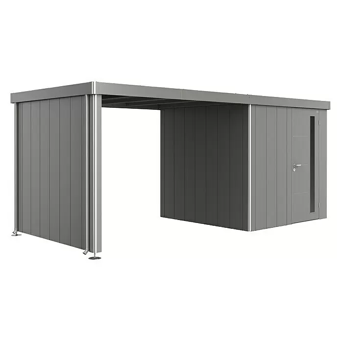 Biohort Neo Seitendach - Passend für: Biohort Gerätehaus Neo 2A/2B/2C/2D, Quarzgrau Metallic, 300 x 235 cm - Grauer Metall-Gartenschuppen mit integriertem Carport und einer Tür.
