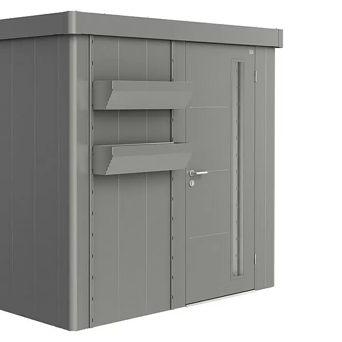 Biohort Neo Pflanzkasten - Passend für: Biohort Gerätehaus NEO, Quarzgrau Metallic - Grauer Metall-Gartenschuppen mit Tür und zwei Blumenkästen an der Seite.
