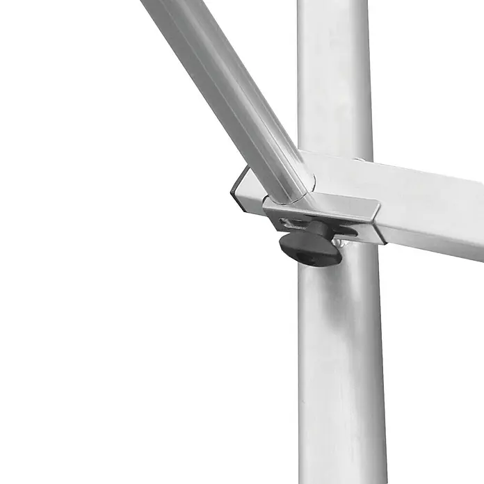 Krause ClimTec Aufstockelement 1. Aufstockung - Arbeitshöhe: 5 m - Detailaufnahme eines silbernen Produkts mit einem schwarzen Drehknopf zur Befestigung oder Justierung.