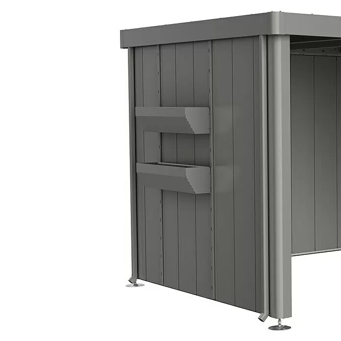 Biohort Neo Pflanzkasten - Passend für: Biohort Seitendach NEO, Quarzgrau Metallic - Dunkelgraues Metall-Außenstruktur-Seitenpaneel mit zwei Pflanzkästen, einem Fallrohr und verstellbaren Füßen.