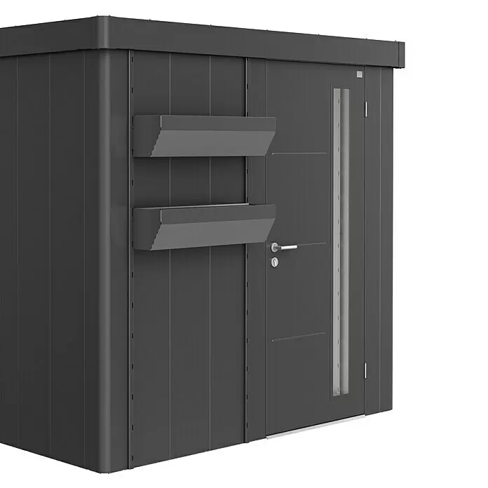 Biohort Neo Pflanzkasten - Passend für: Biohort Gerätehaus NEO, Dunkelgrau Metallic - Dunkelgrauer Metallschuppen in modernem Design, mit einer Tür mit vertikalem Fenster und zwei integrierten Ablagen/Pflanzkästen an der Seite.