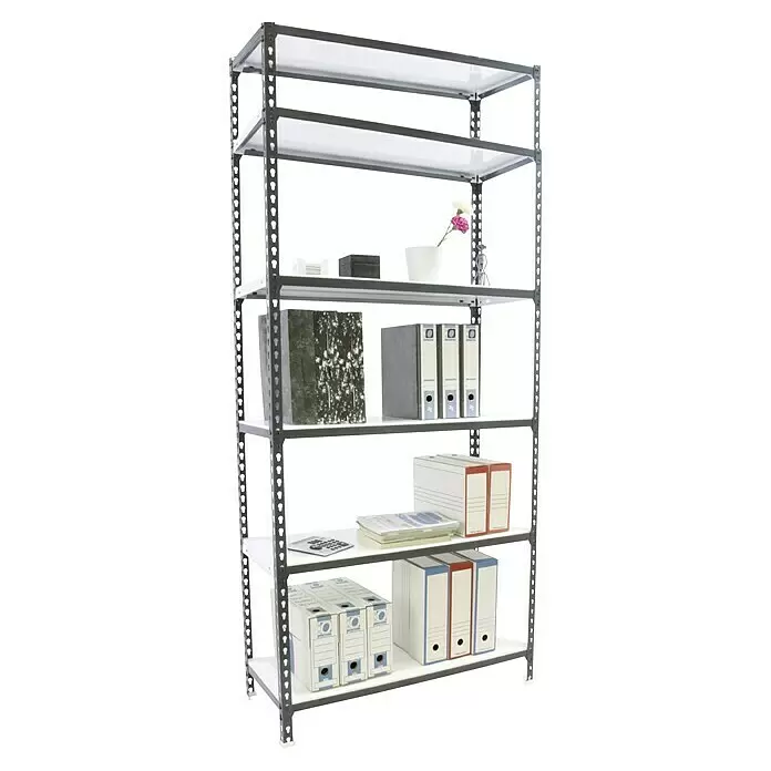 Simonrack Simonclick Metallregal Simonclick Plus - H x B x T: 250 x 90 x 30 cm, Traglast pro Boden: 180 kg, Anzahl Böden: 6 Stk., Stecken, Anthrazit/Weiß - Graues Metallregal mit weißen Böden, gefüllt mit Büroordnern und Boxen, ideal zur organisierten Aufbewahrung.