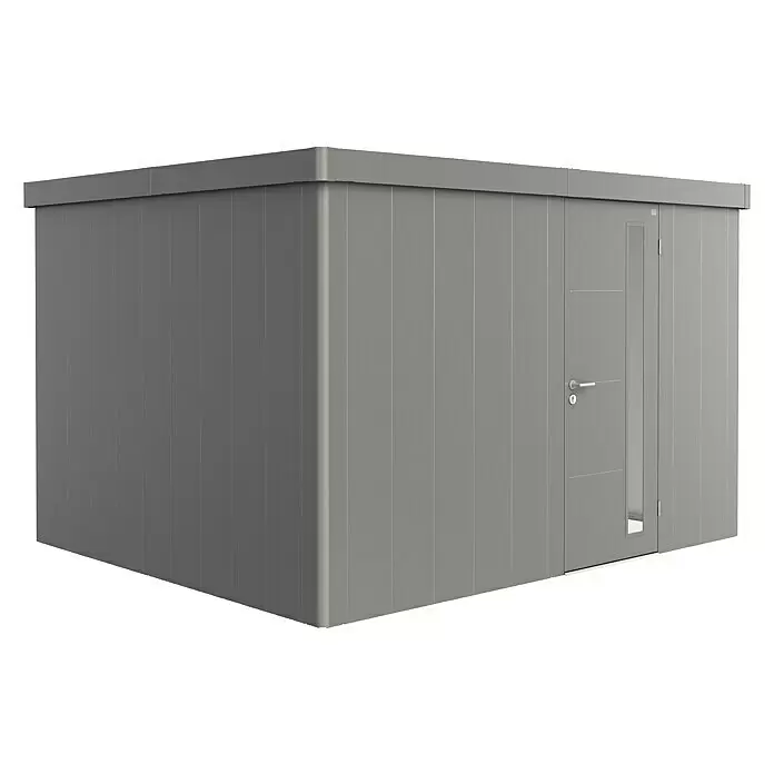 Biohort Neo Gerätehaus Neo 3D - Außenbreite inkl. Dachüberstand: 348 cm, Außentiefe inkl. Dachüberstand: 292 cm, Stahl, Quarzgrau-Metallic, Einzeltür - Moderner grauer Flachdach-Gartenschuppen mit Tür und vertikalem Fensterelement.