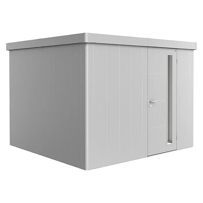 Biohort Neo Gerätehaus Neo 3C - Außenbreite inkl. Dachüberstand: 292 cm, Außentiefe inkl. Dachüberstand: 292 cm, Stahl, Silber-Metallic, Einzeltür - Modernes, graues modulares Outdoor-Zimmer mit Flachdach und Tür mit vertikalem Fenster.