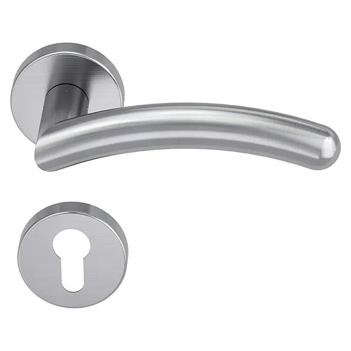 Diamond Doors Modern Drückergarnitur Swing - Edelstahl, L-Form, Stärke Tür: 40 mm - 45 mm, Profilzylinder - Türgriff und Schlossrosette aus gebürstetem Edelstahl für moderne Inneneinrichtungen. Robuste und stilvolle Türbeschläge.