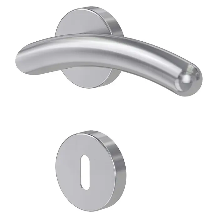 Diamond Doors Modern Drückergarnitur Swing - Edelstahl, L-Form, Stärke Tür: 40 mm - 45 mm, Buntbart - Nahaufnahme einer modernen Türgarnitur aus gebürstetem Edelstahl mit Griff und Schlüsselloch-Rosette auf schwarzem Hintergrund.