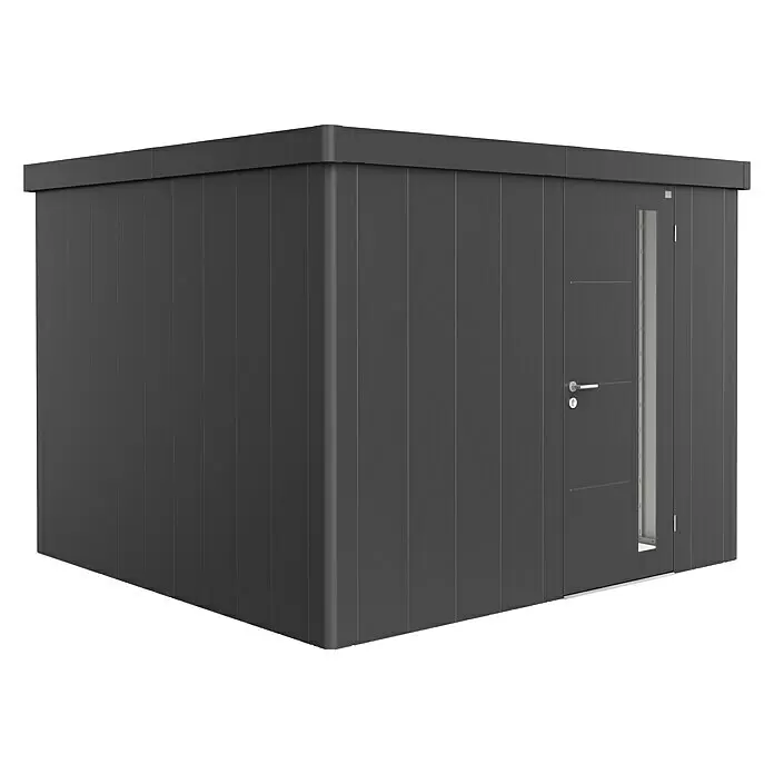 Biohort Neo Gerätehaus Neo 3C - Außenbreite inkl. Dachüberstand: 292 cm, Außentiefe inkl. Dachüberstand: 292 cm, Stahl, Dunkelgrau-Metallic, Einzeltür - Dunkelgrauer modularer Geräteschuppen mit Tür und schmalem Fenster.