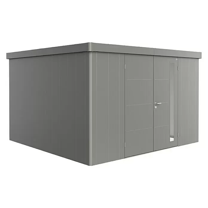 Biohort Neo Gerätehaus Neo 4D - Außenbreite inkl. Dachüberstand: 348 cm, Außentiefe inkl. Dachüberstand: 348 cm, Stahl, Quarzgrau-Metallic, Doppeltür - Moderner grauer Geräteschuppen mit Flachdach und zwei Türen, eine davon mit vertikalem Fenster.