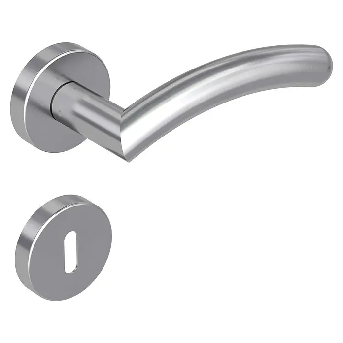 Diamond Doors Modern Drückergarnitur Swing - Edelstahl, L-Form, Stärke Tür: 40 mm - 45 mm, Buntbart - Türbeschlag aus Edelstahl mit einem eleganten, gebogenen Griff und einem passenden Schlüsselloch, ideal für moderne Inneneinrichtungen.