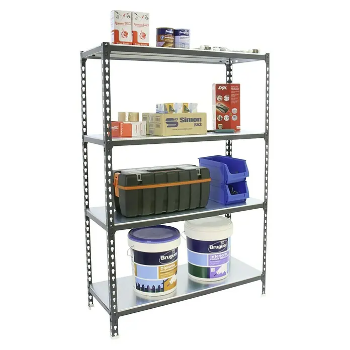 Simonrack Simonclick Metallregal Simonclick Super Plus - H x B x T: 150 x 110 x 50 cm, Traglast pro Boden: 200 kg, Anzahl Böden: 4 Stk., Stecken, Anthrazit/Silber - Produktaufnahme eines Schwerlastregals mit diversen Artikeln wie Farbe, Werkzeugkasten und Kleinteilen auf vier Ebenen.