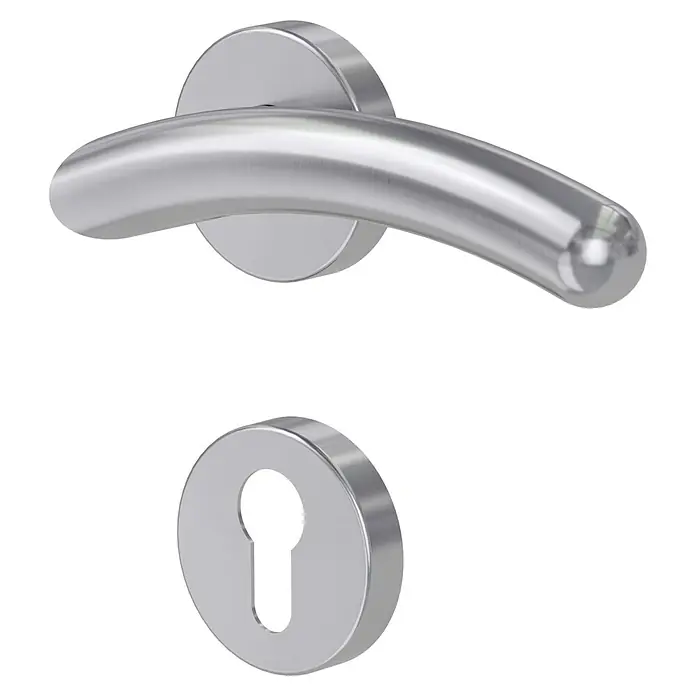 Diamond Doors Modern Drückergarnitur Swing - Edelstahl, L-Form, Stärke Tür: 40 mm - 45 mm, Profilzylinder - Nahaufnahme einer modernen, silbernen Türklinke mit Schlüsselloch. Elegantes Design für ein stilvolles Zuhause.