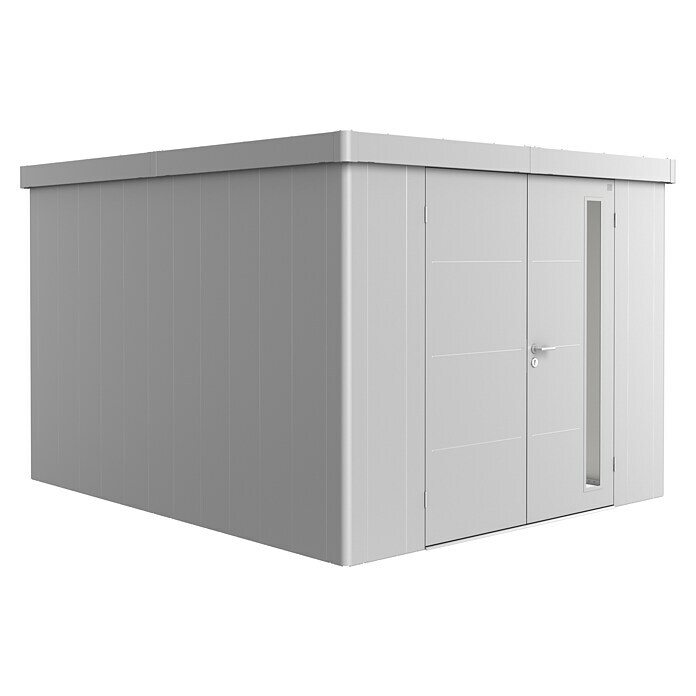 Biohort Neo Gerätehaus 4C (Außenbreite inkl. Dachüberstand: 292 cm, Außentiefe inkl. Dachüberstand: 348 cm, Stahl, Silber-Metallic, Doppeltür) | BAUHAUS