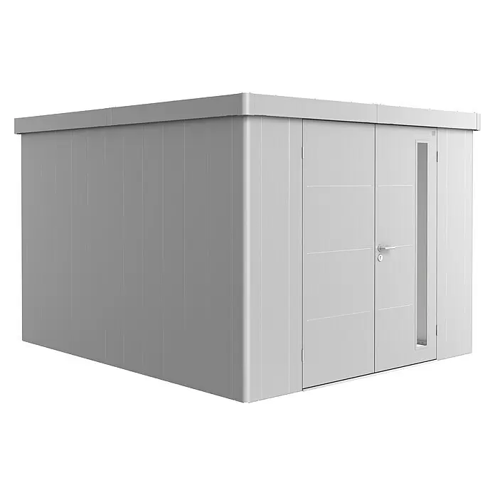 Biohort Neo Gerätehaus Neo 4C - Außenbreite inkl. Dachüberstand: 292 cm, Außentiefe inkl. Dachüberstand: 348 cm, Stahl, Silber-Metallic, Doppeltür - Moderner grauer Gartenschuppen mit Tür und schlankem Fenster.