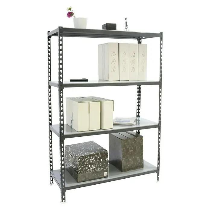 Simonrack Simonclick Metallregal Simonclick Super Plus - H x B x T: 150 x 110 x 50 cm, Traglast pro Boden: 200 kg, Anzahl Böden: 4 Stk., Stecken, Anthrazit/Silber - Graues Regal mit mehreren Ablagen, auf denen verschiedene Gegenstände wie Ordner, Boxen und Dekorationen platziert sind.