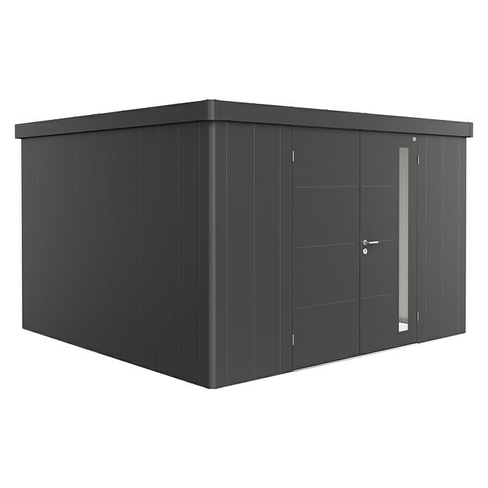 Biohort Neo Gerätehaus 4D (Außenbreite inkl. Dachüberstand: 348 cm, Außentiefe inkl. Dachüberstand: 348 cm, Stahl, Dunkelgrau-Metallic, Doppeltür) | BAUHAUS