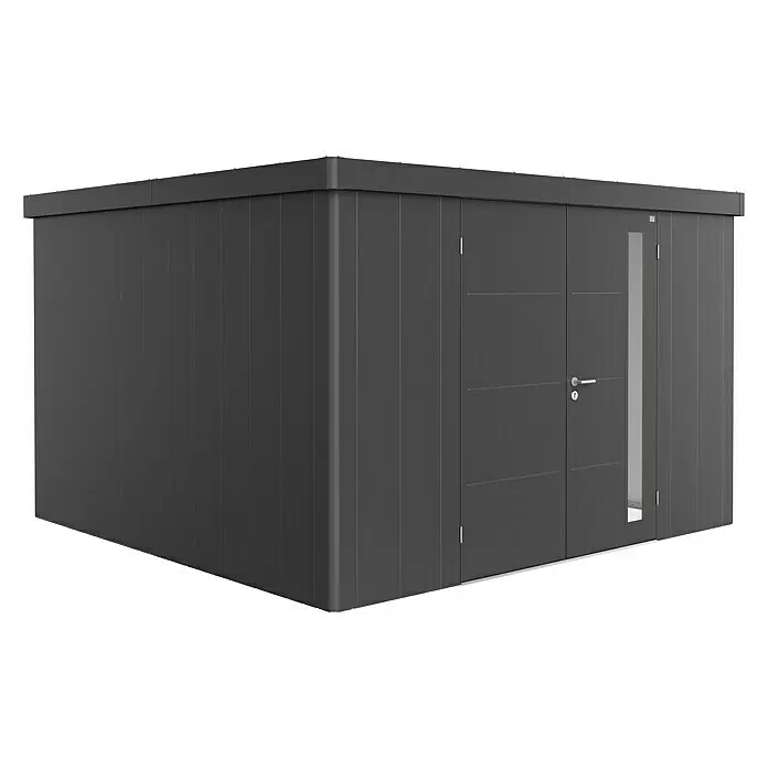 Biohort Neo Gerätehaus Neo 4D - Außenbreite inkl. Dachüberstand: 348 cm, Außentiefe inkl. Dachüberstand: 348 cm, Stahl, Dunkelgrau-Metallic, Doppeltür - Moderner, dunkelgrauer Geräteschuppen mit Flachdach, Doppeltür und schmalem vertikalen Fenster.