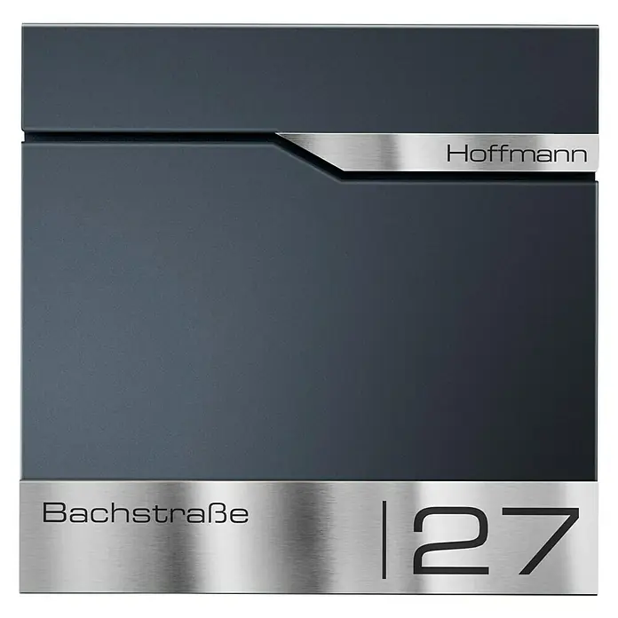 Metzler Wandbriefkasten Siebert - L x B x H: 8,5 x 37 x 35,5 cm, Anthrazit, Stahl, Zeitungsfach - Grauer Hofmann-Briefkasten mit silberner Beschriftung "Bachstraße 127".
