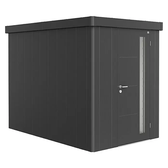 Biohort Neo Gerätehaus Neo 3A - Außenbreite inkl. Dachüberstand: 180 cm, Außentiefe inkl. Dachüberstand: 292 cm, Stahl, Dunkelgrau-Metallic - Dunkelgraues modernes Gartenhaus mit geriffelten Seiten und Tür mit vertikalem Glasfenster.