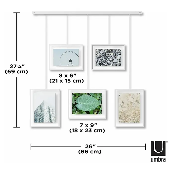 Umbra Bilderrahmen-Set Exhibit - 2 x 10x15 cm, 3 x 13x18 cm, Weiß, Metall - Eine Nahaufnahme des Umbra-Hänge-Fotorahmen-Sets mit seinen Abmessungen, das eine elegante Möglichkeit zur Präsentation von Fotos bietet.