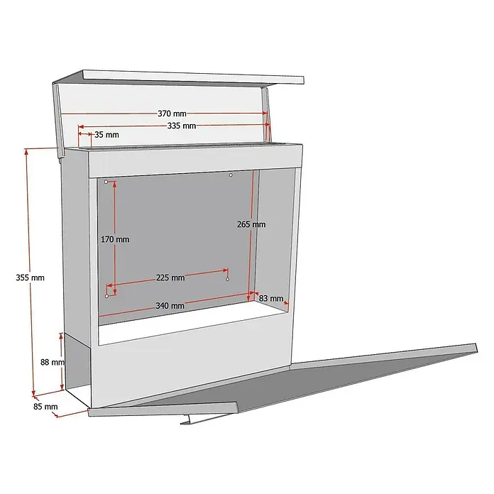 Metzler Wandbriefkasten Oltmann - L x B x H: 10,5 x 37 x 37 cm, Anthrazit, Edelstahl, Zeitungsfach - Schematische Darstellung eines Produkts mit Maßangaben, das Design und Größe des Artikels hervorhebt.
