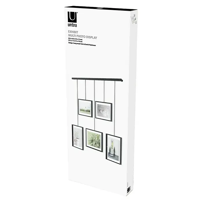 Umbra Bilderrahmen-Set Exhibit - 2 x 10x15 cm, 3 x 13x18 cm, Schwarz, Metall - Die Umbra Exhibit Multi Photo Display-Verpackung zeigt ein modernes und stilvolles Hängerahmen-Set für Fotos in verschiedenen Größen.
