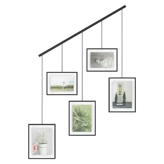 Umbra Bilderrahmen-Set Exhibit - 2 x 10x15 cm, 3 x 13x18 cm, Schwarz, Metall - Hängende Bilderrahmen-Galerie mit fünf schwarzen Rahmen, die eine stilvolle und moderne Wanddekoration bilden.