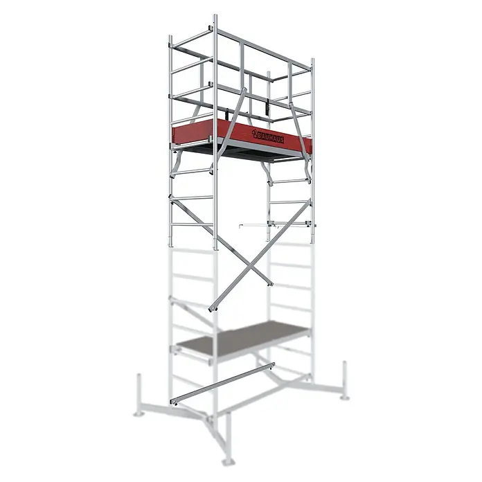 Krause ClimTec Aufstockelement 1. Aufstockung - Arbeitshöhe: 5 m - Ein freistehendes, hohes Baugerüst von Bauhaus, ideal für Renovierungsarbeiten und Baustellen, bietet sicheren Stand und flexible Arbeitshöhen.