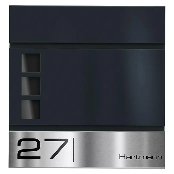 Metzler Wandbriefkasten Oltmann - L x B x H: 10,5 x 37 x 37 cm, Anthrazit, Edelstahl, Zeitungsfach - Elegantes anthrazitfarbenes Hausnummernschild mit silberner Metallplatte, versehen mit der Nummer 27 und dem Schriftzug Hartmann.