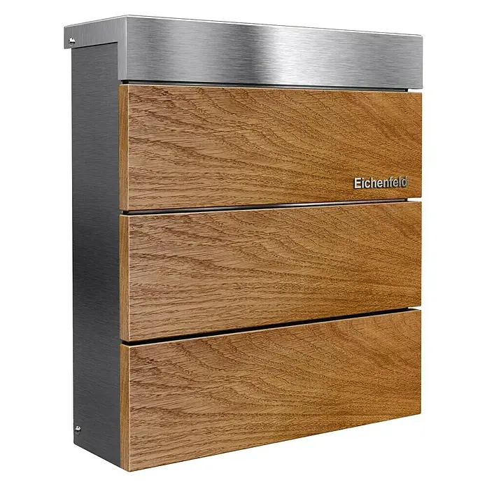 Metzler Wandbriefkasten Masiva - L x B x H: 11,2 x 33 x 35 cm, Braun/Silber, Edelstahl - Ein moderner Eichenfeld Briefkasten aus Edelstahl und Holz. Der Briefkasten besticht durch sein elegantes Design und die hochwertige Verarbeitung.