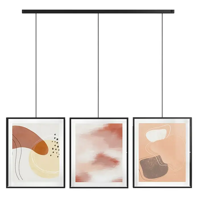 Umbra Bilderrahmen-Set Exhibit - 3 x 20x25 cm, Schwarz, Metall - Hängeleuchte mit drei abstrakten Kunstwerken in Rahmen, die ein modernes und stilvolles Ambiente erzeugen. Die Farbpalette ist sanft und einladend.