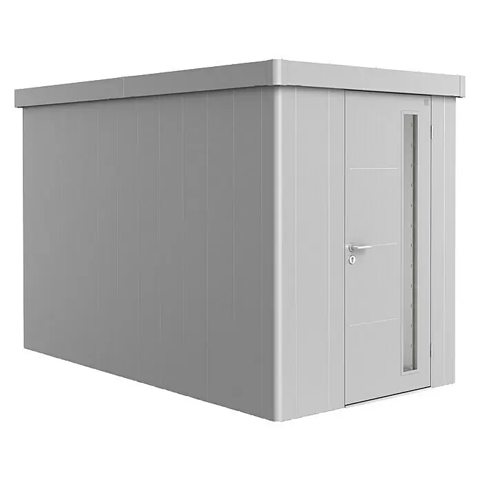 Biohort Neo Gerätehaus Neo 4A - Außenbreite inkl. Dachüberstand: 180 cm, Außentiefe inkl. Dachüberstand: 348 cm, Stahl, Silber-Metallic - Hellgraues Modulgebäude mit Flachdach und einer Tür mit silbernem Griff und vertikalem Fenster.
