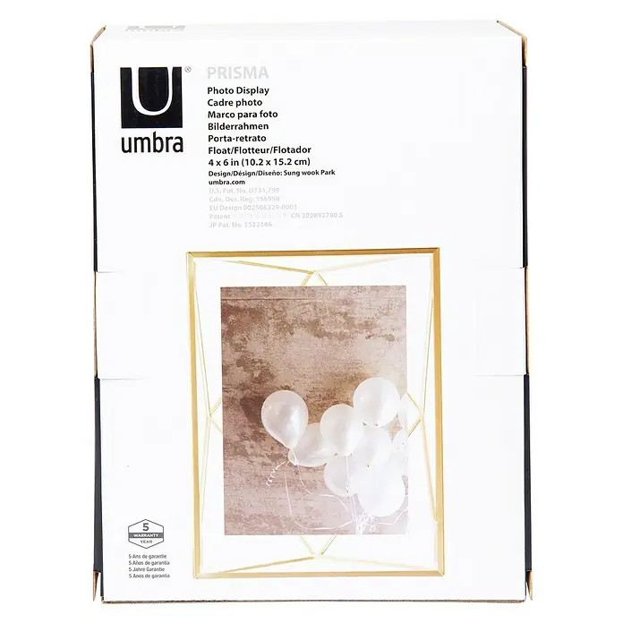 Umbra Bilderrahmen Prisma - 10 x 15 cm, Messing, Glas - Produktverpackung für den Umbra Prisma Bilderrahmen, geeignet für Fotos im Format 10,2 x 15,2 cm.